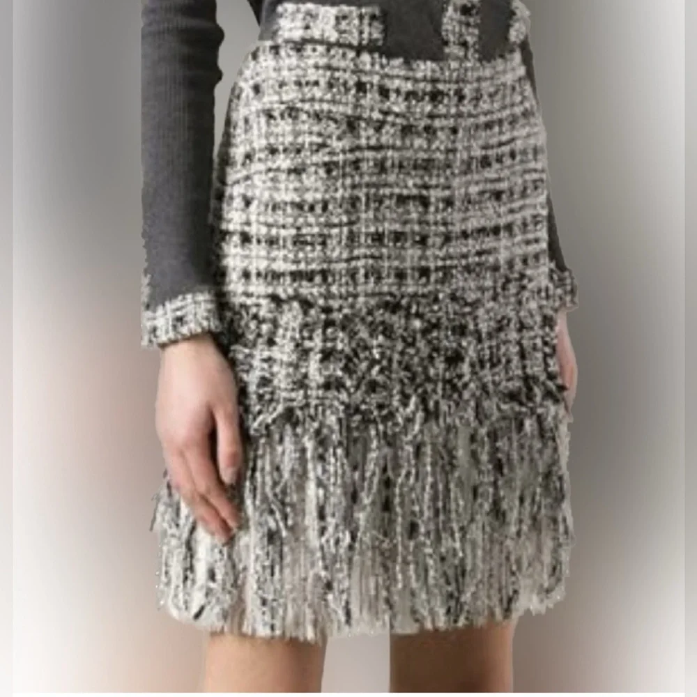 CHANEL Black and White Tweed Fringe and silk chiffon Mini Skirt 40 NO OFFERS